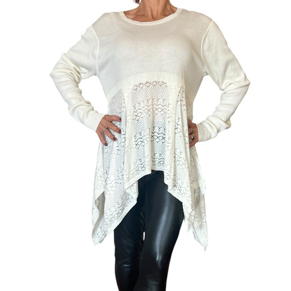 WILT WOMENS SWEATER IVORY CASHMERE BLEND POINTELLE KNIT HI LO HANDKERCHIEF HEM L